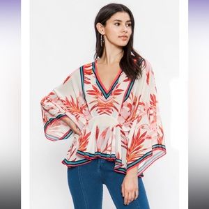Flying Tomato Tropical Print Kimono Blouse - Size L in Pink, Red, and White